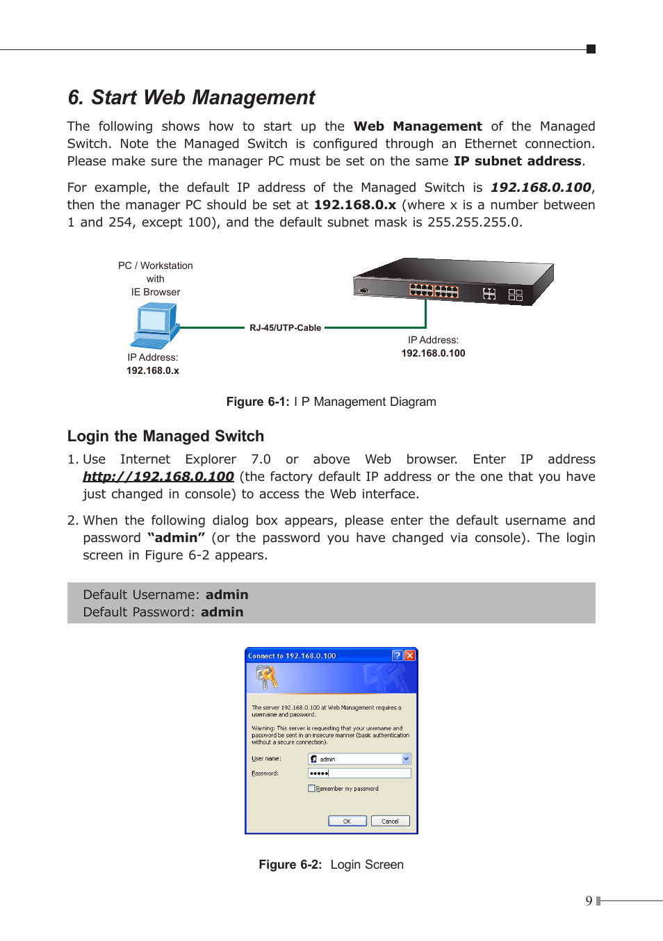 Start web management, Login the managed switch | PLANET WGSW-20160HP User Manual | Page 9 / 12