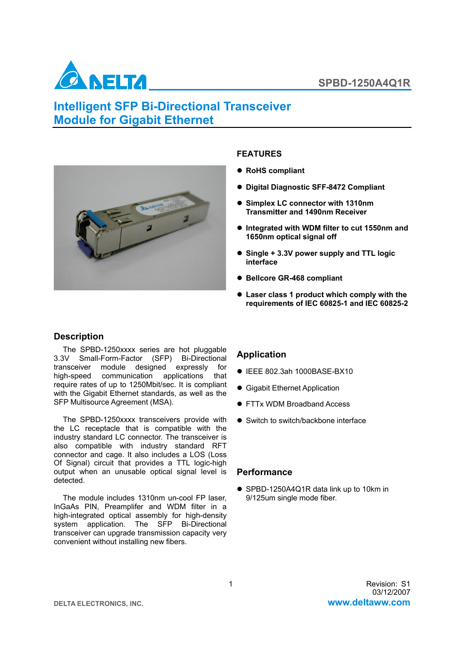 Delta Electronics SPBD-1250A4Q1R User Manual | 10 pages