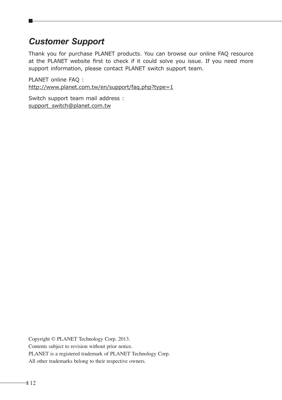 Customer support | PLANET WGSW-20160HP User Manual | Page 12 / 12