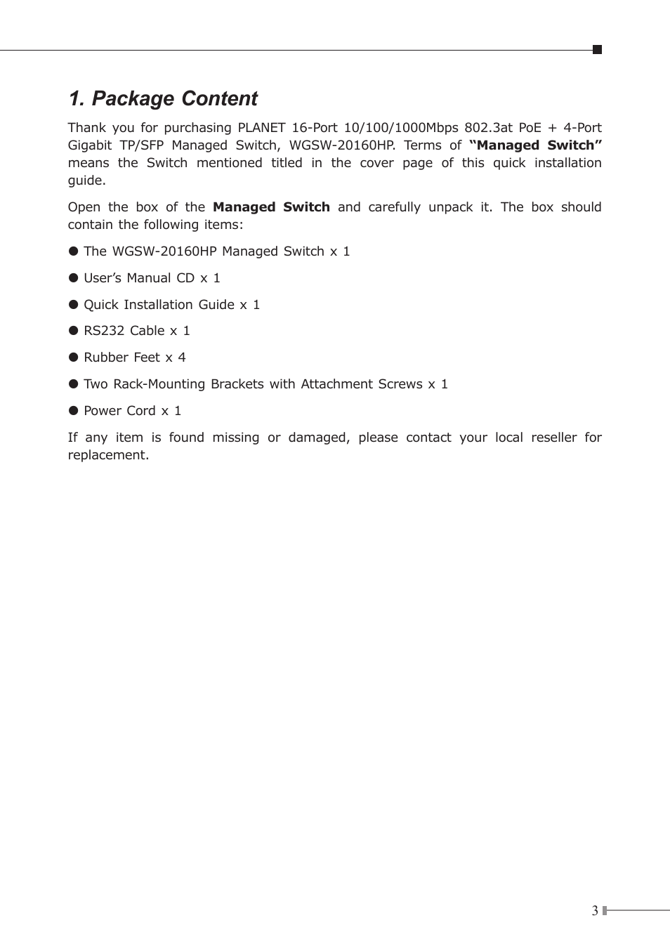 Package content | PLANET WGSW-20160HP User Manual | Page 3 / 12