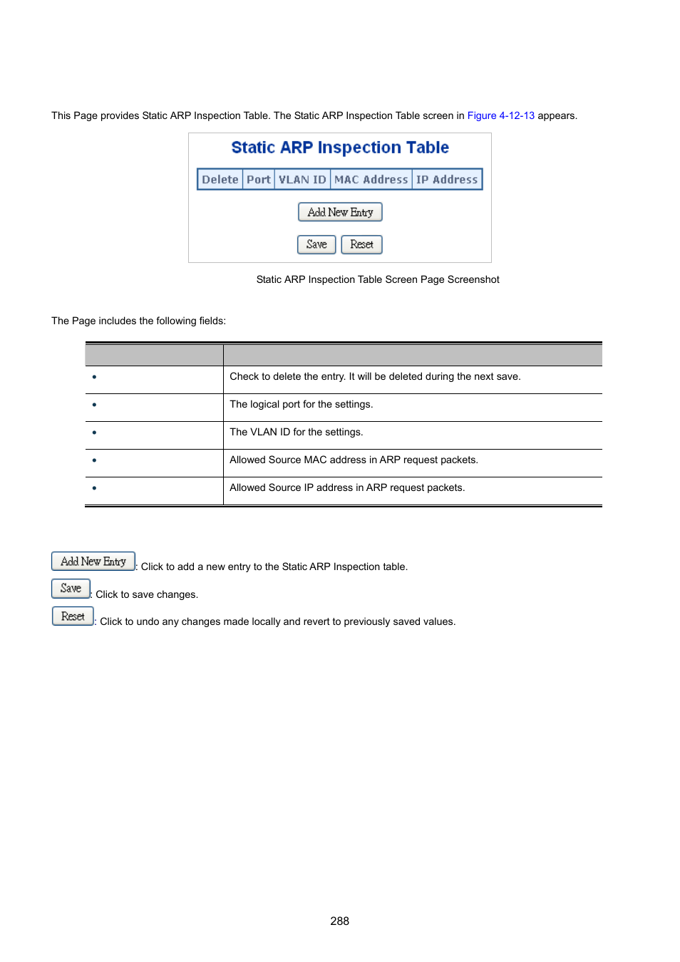 13 arp inspection static table | PLANET WGSW-20160HP User Manual | Page 288 / 555