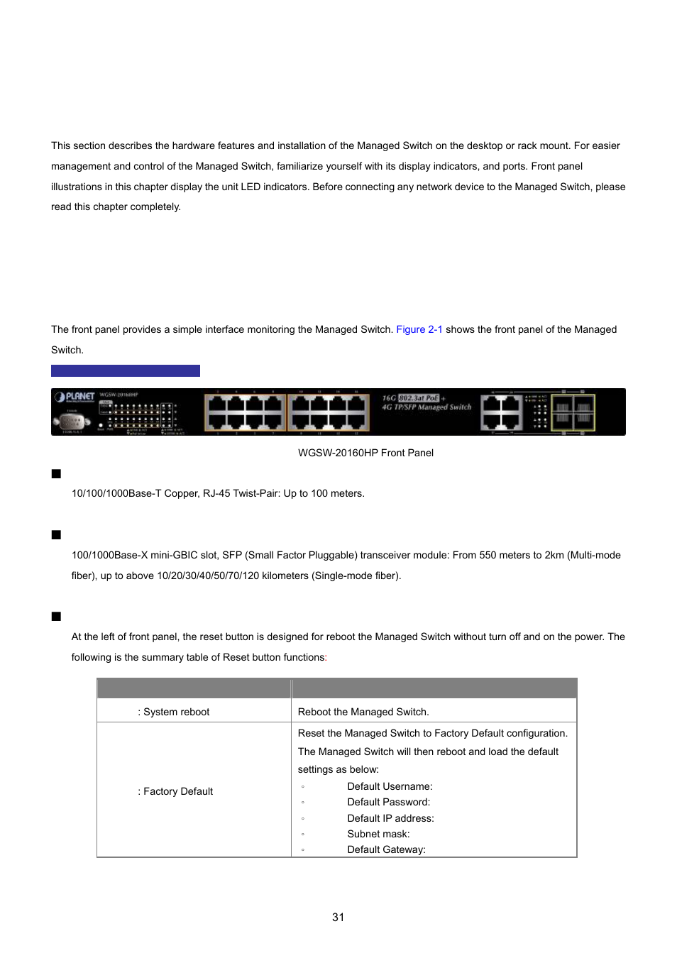 Installation, 1 hardware description, 1 switch front panel | PLANET WGSW-20160HP User Manual | Page 31 / 555