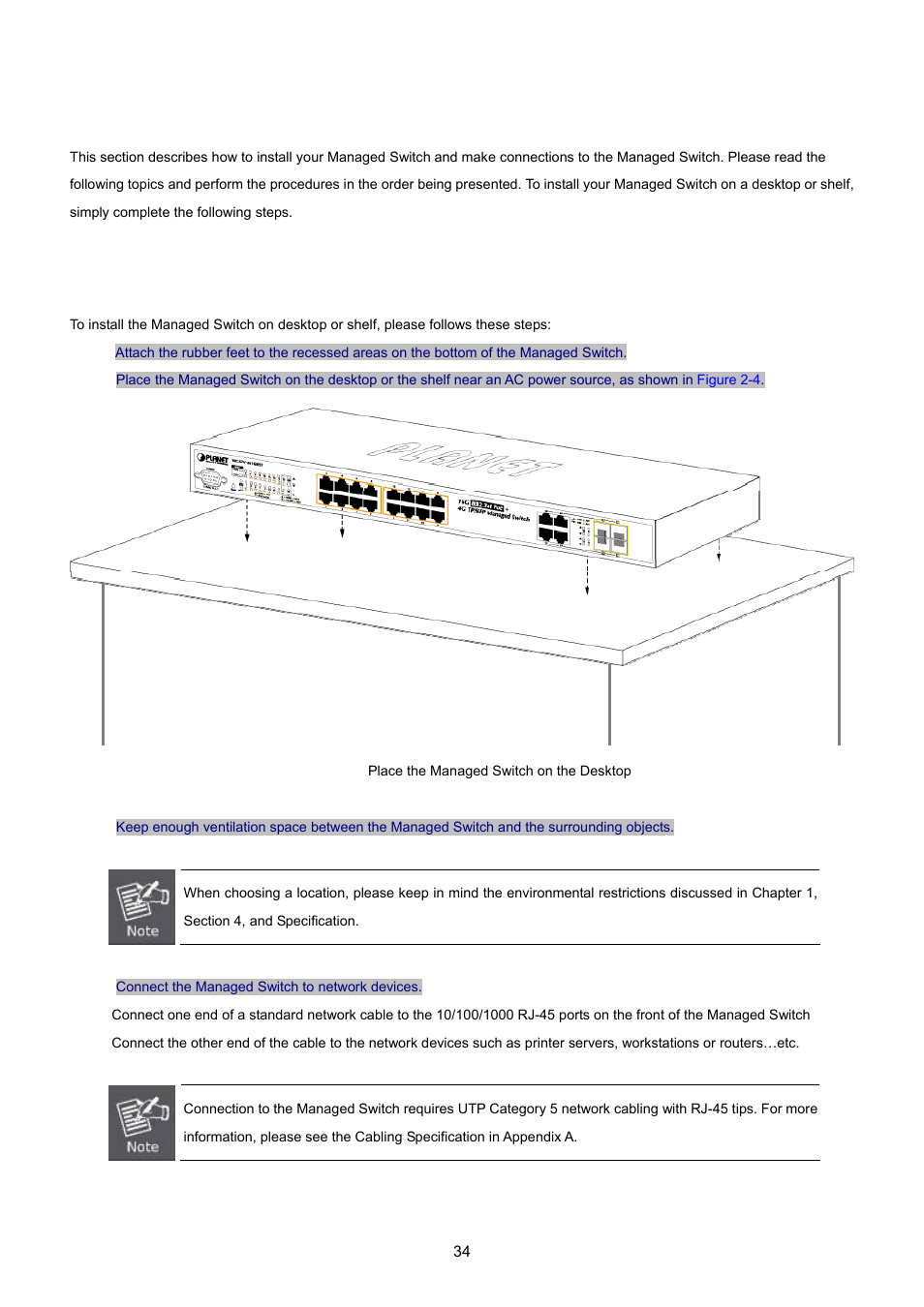 2 install the switch, 1 desktop installation | PLANET WGSW-20160HP User Manual | Page 34 / 555