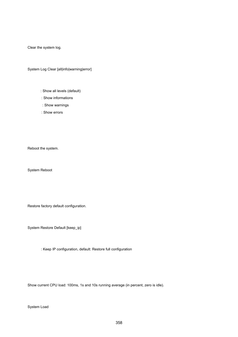 System log clear, System reboot, System restore default | System load | PLANET WGSW-20160HP User Manual | Page 358 / 555