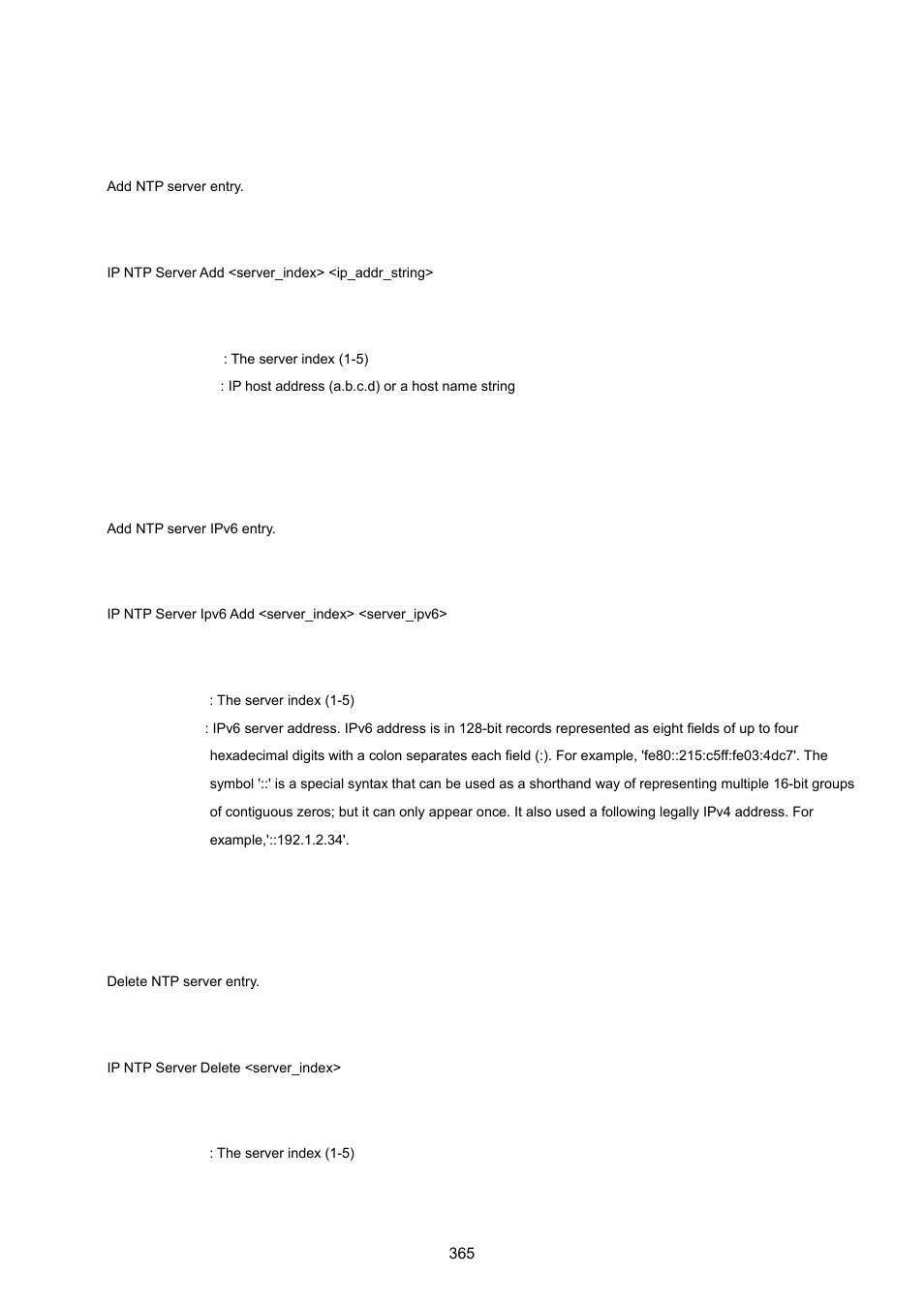 Ip ntp server add, Ip ntp server ipv6 add, Ip ntp server delete | PLANET WGSW-20160HP User Manual | Page 365 / 555