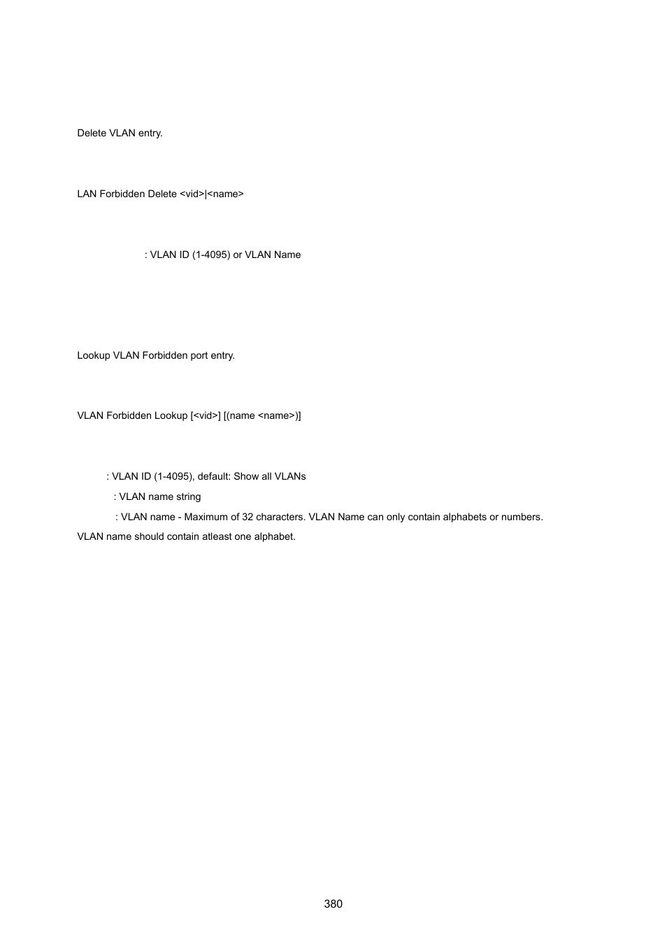Vlan forbidden delete, Vlan forbidden lookup | PLANET WGSW-20160HP User Manual | Page 380 / 555