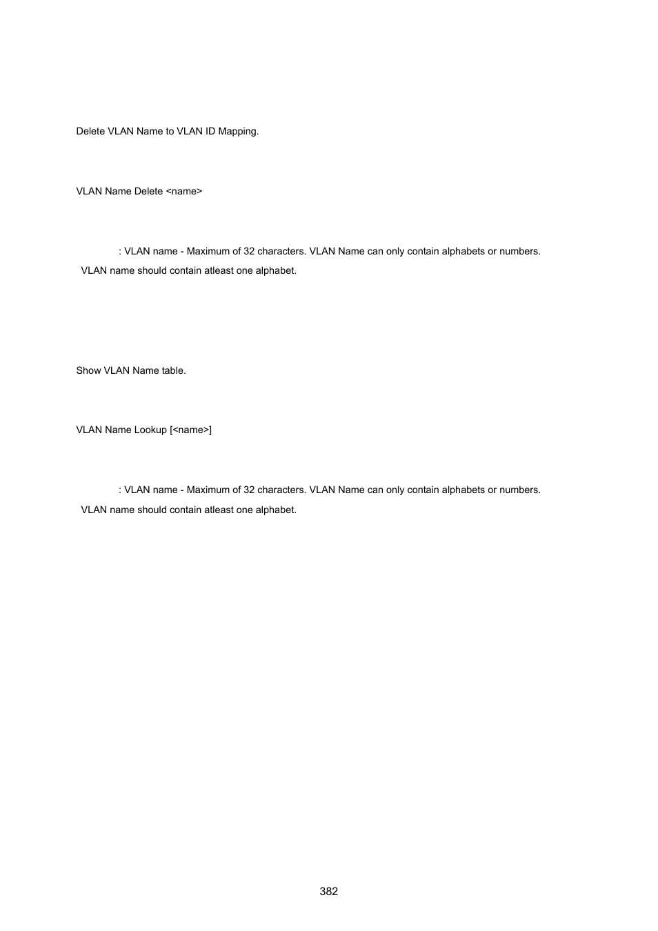 Vlan name delete, Vlan name lookup | PLANET WGSW-20160HP User Manual | Page 382 / 555