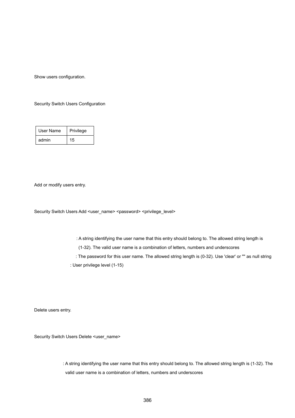 7 security command, Security switch user configuration, Security switch user add | Security switch user delete | PLANET WGSW-20160HP User Manual | Page 386 / 555