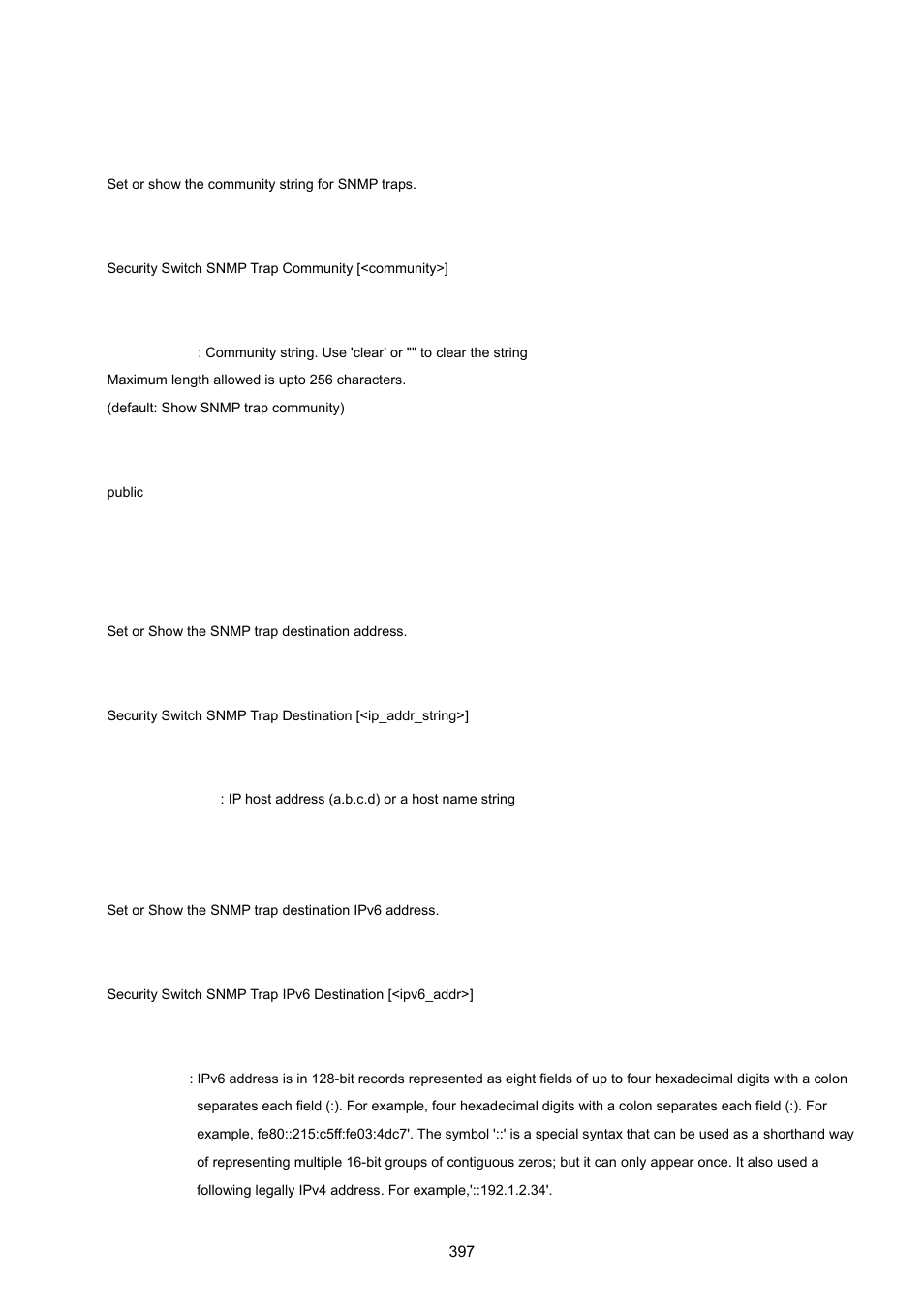 Security switch snmp trap community, Security switch snmp trap destination, Security switch snmp trap ipv6 destination | PLANET WGSW-20160HP User Manual | Page 397 / 555