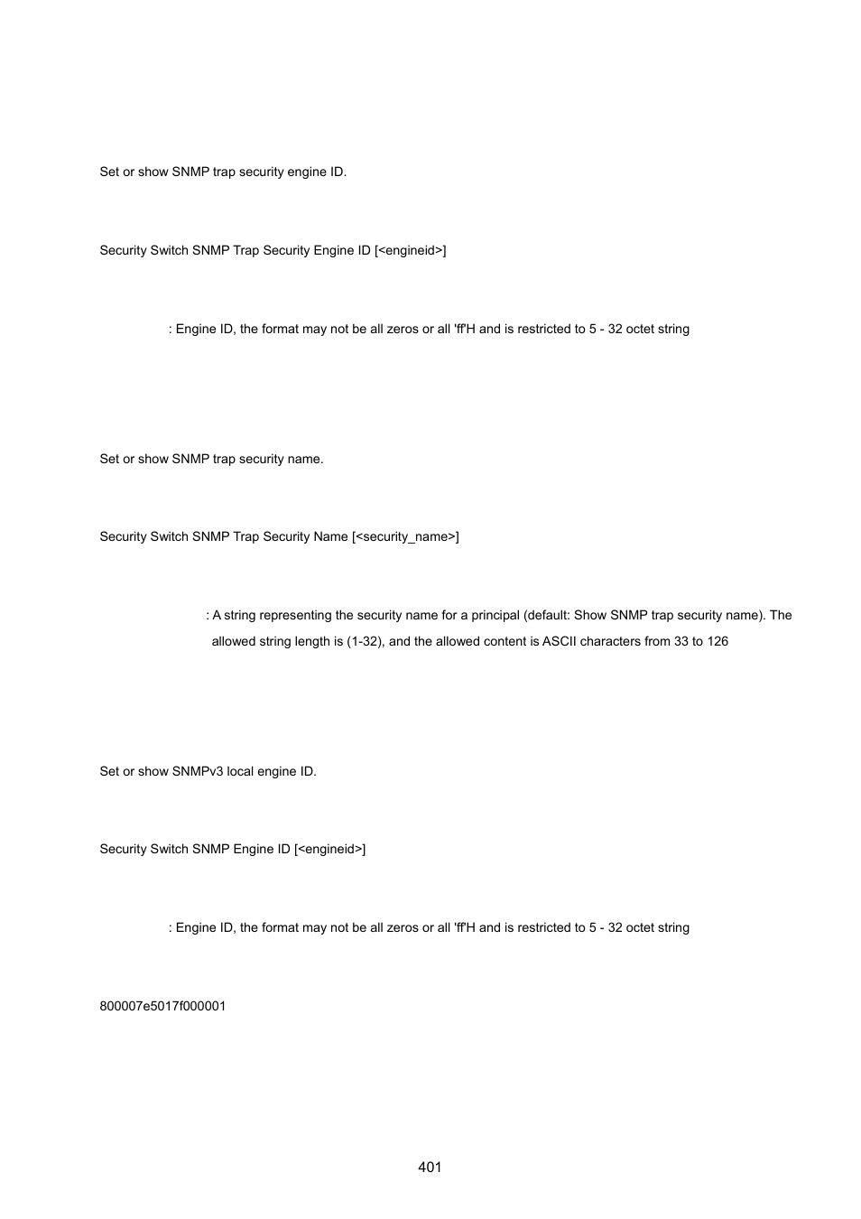 Security switch snmp trap security engine id, Security switch snmp trap security name, Security switch snmp engine id | PLANET WGSW-20160HP User Manual | Page 401 / 555