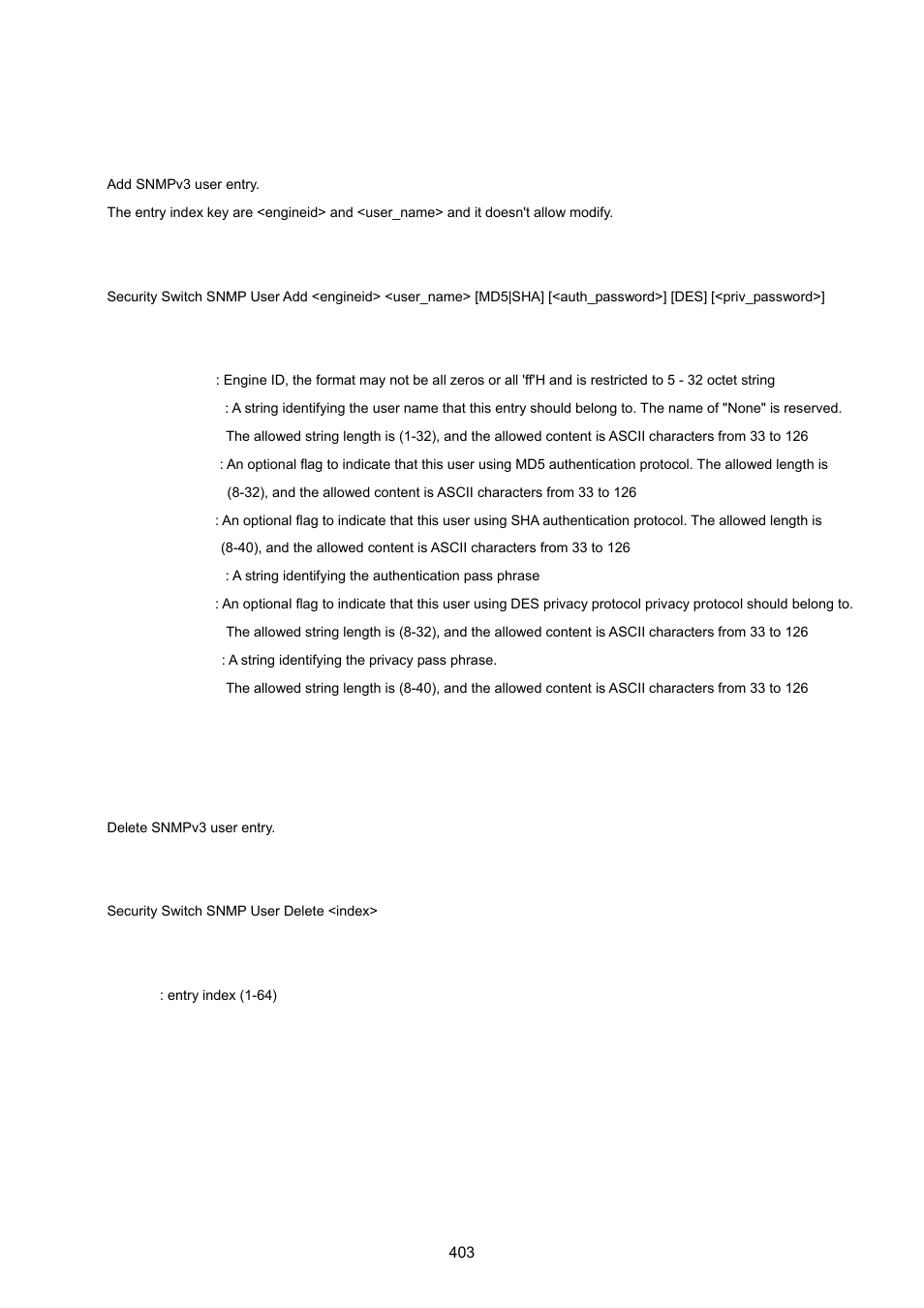 Security switch snmp user add, Security switch snmp user delete | PLANET WGSW-20160HP User Manual | Page 403 / 555