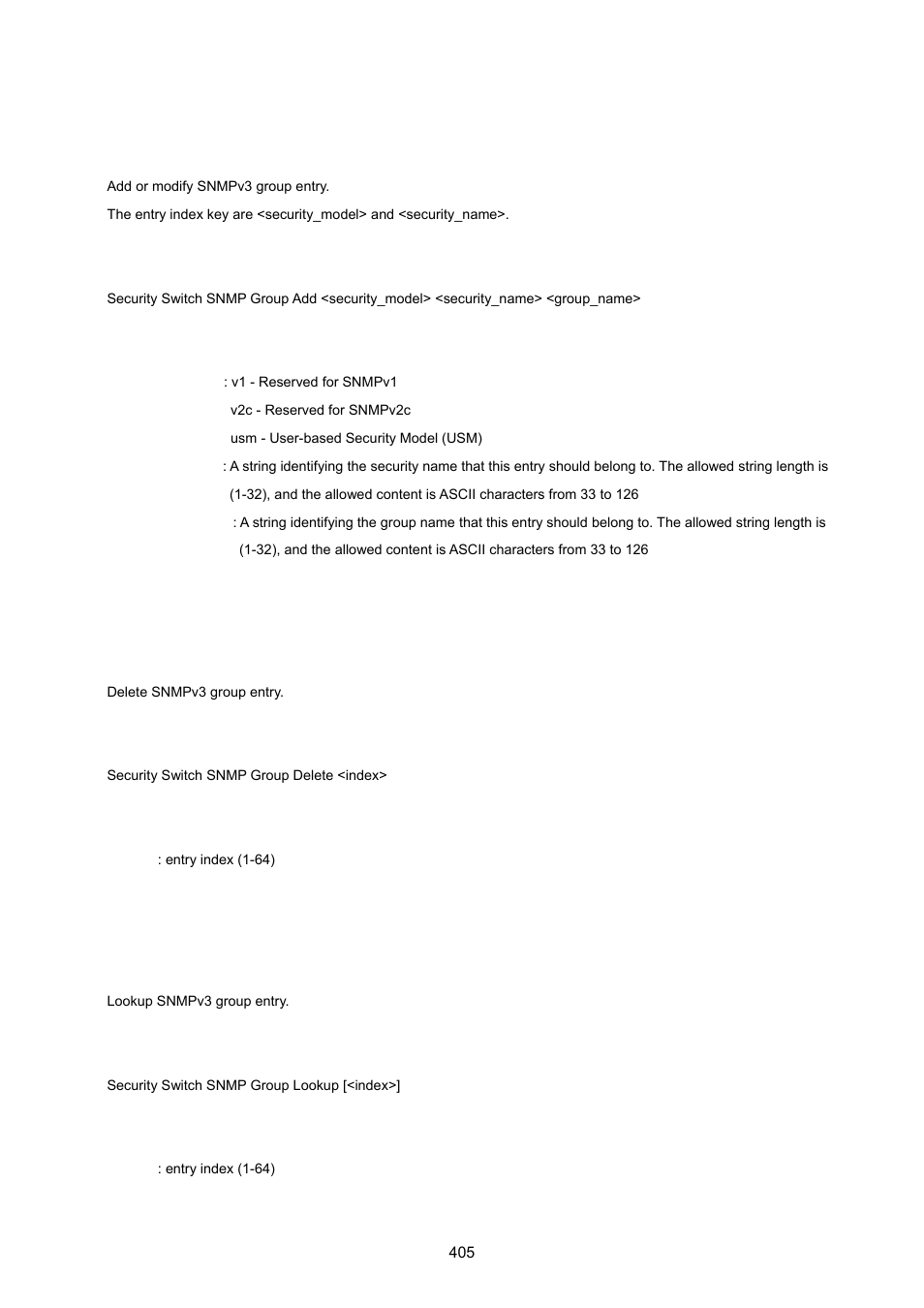 Security switch snmp group add, Security switch snmp group delete, Security switch snmp group lookup | PLANET WGSW-20160HP User Manual | Page 405 / 555