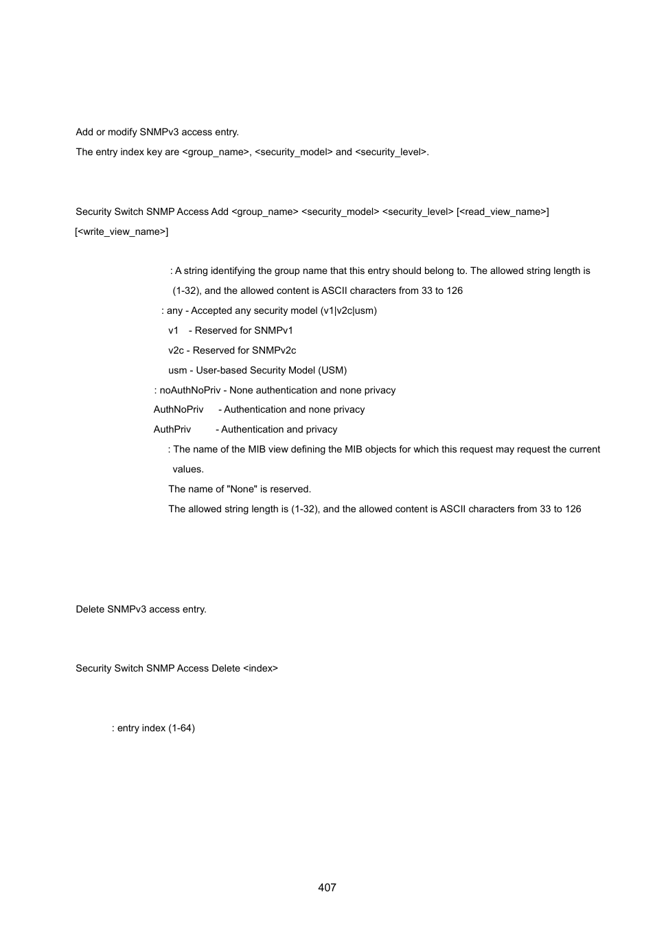 Security switch snmp access add, Security switch snmp access delete | PLANET WGSW-20160HP User Manual | Page 407 / 555
