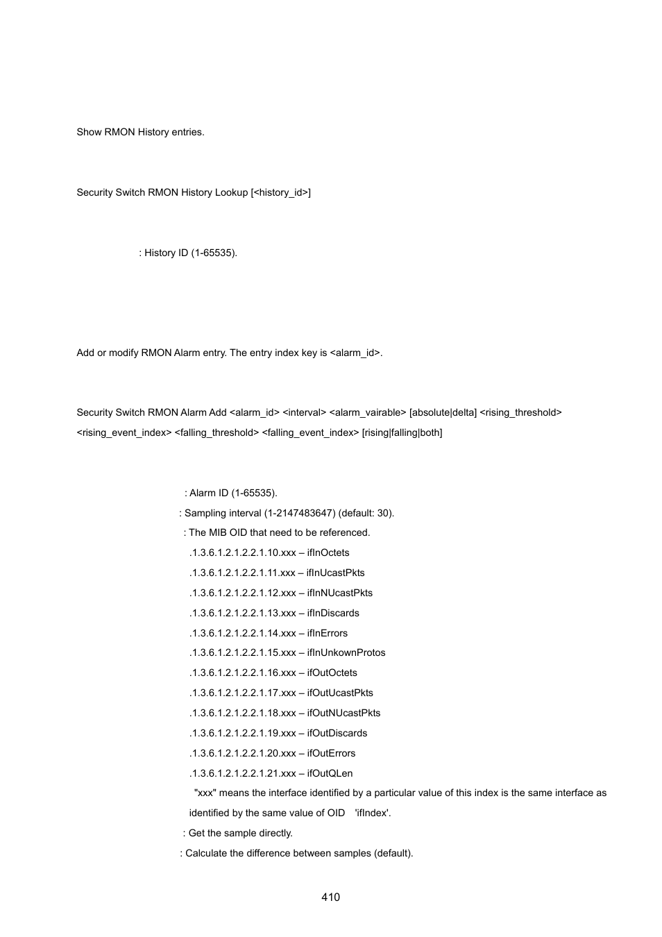 Security switch rmon history lookup, Security switch rmon alarm add | PLANET WGSW-20160HP User Manual | Page 410 / 555