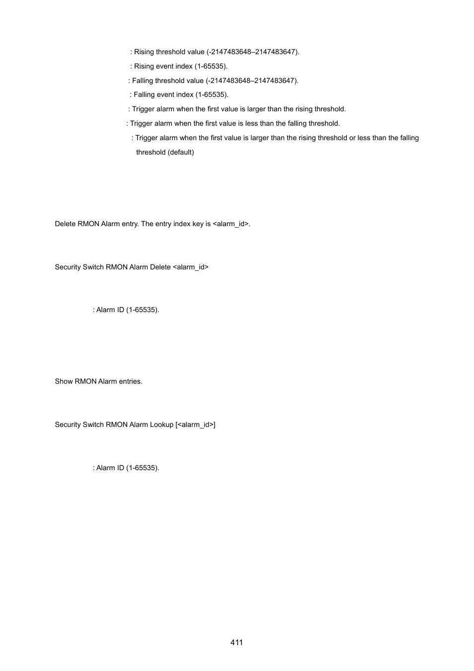 Security switch rmon alarm delete, Security switch rmon alarm lookup | PLANET WGSW-20160HP User Manual | Page 411 / 555