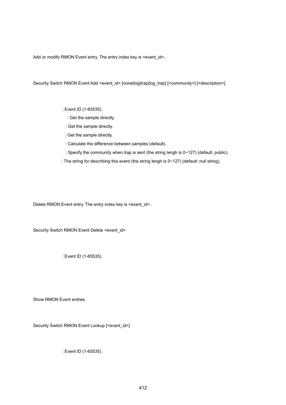 Security switch rmon event add, Security switch rmon event delete, Security switch rmon event lookup | PLANET WGSW-20160HP User Manual | Page 412 / 555