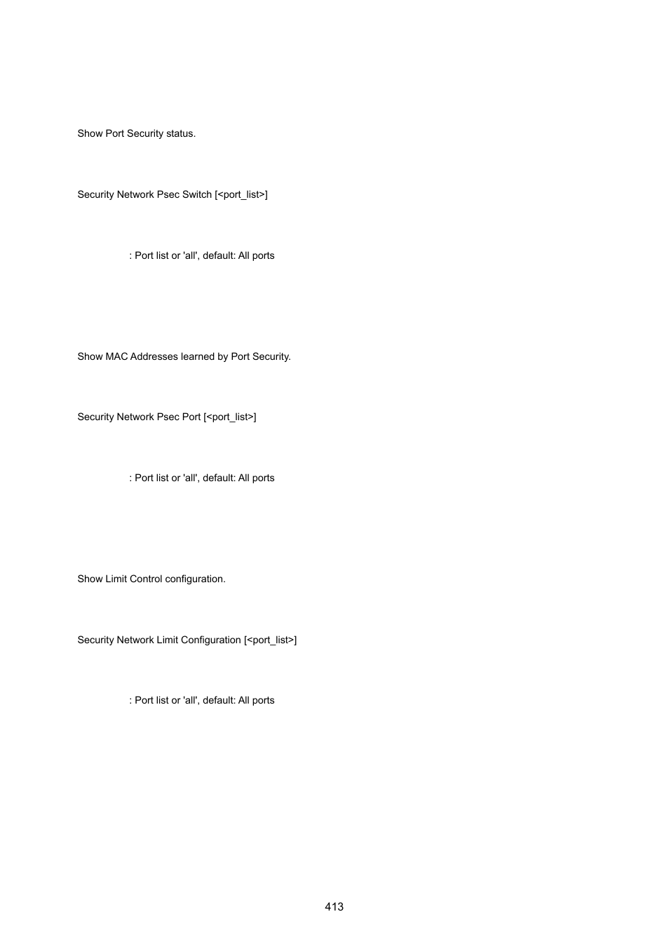 Security network psec switch, Security network psec port, Security network limit configuration | PLANET WGSW-20160HP User Manual | Page 413 / 555