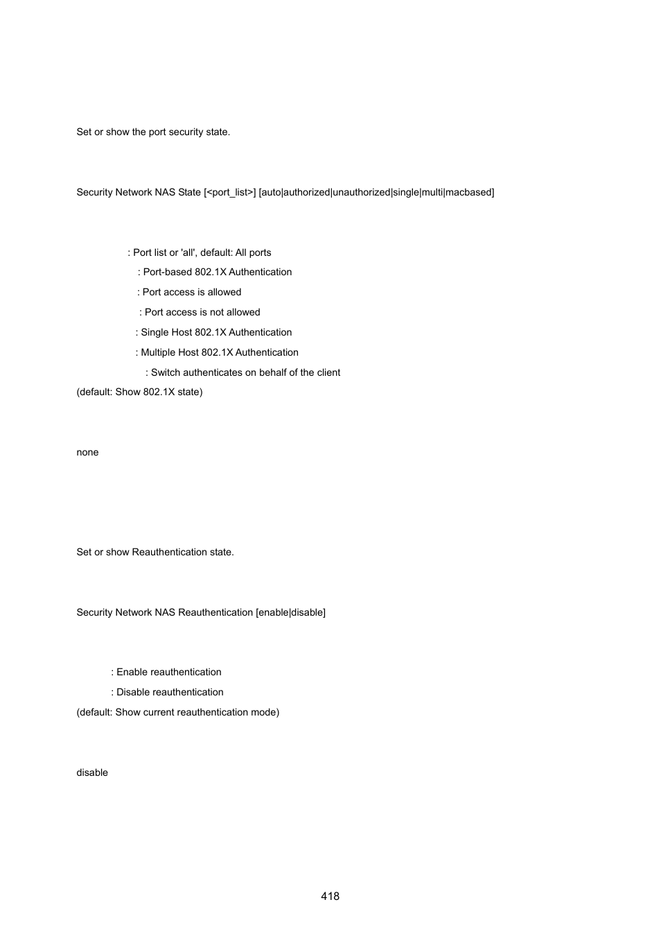 Security network nas state, Security network nas reauthentication | PLANET WGSW-20160HP User Manual | Page 418 / 555