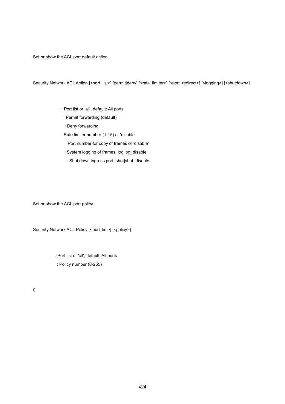 Security network acl action, Security network acl policy | PLANET WGSW-20160HP User Manual | Page 424 / 555