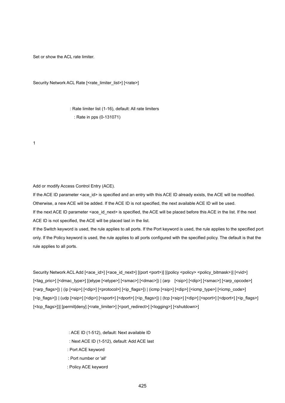 Security network acl rate, Security network acl add | PLANET WGSW-20160HP User Manual | Page 425 / 555