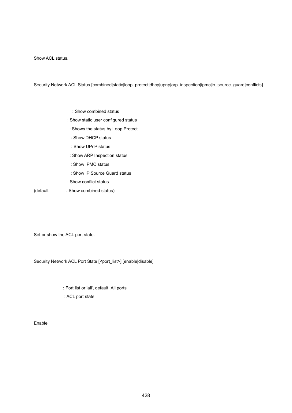 Security network acl status, Security network acl port state | PLANET WGSW-20160HP User Manual | Page 428 / 555