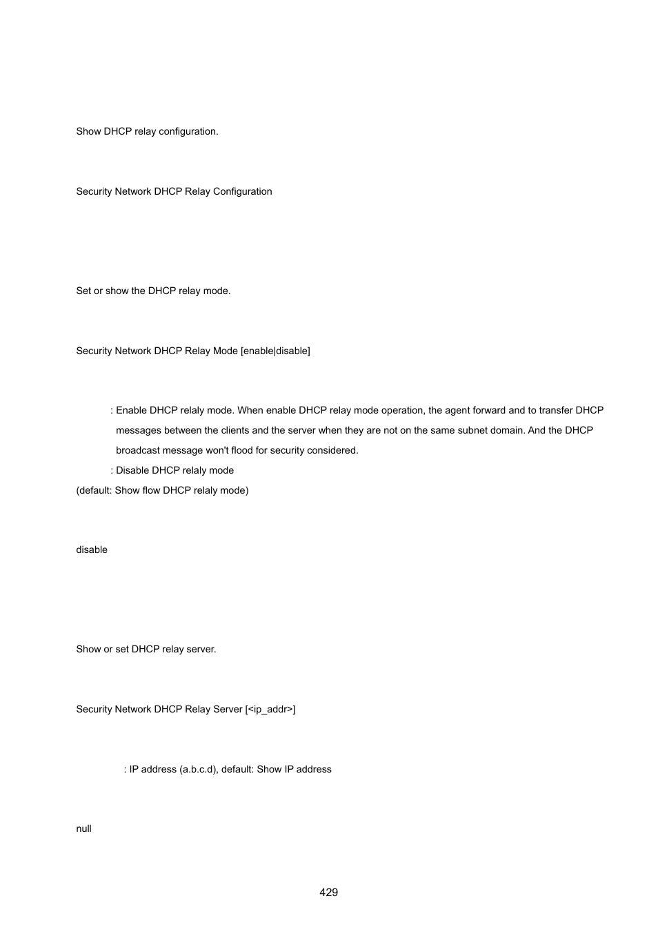 Security network dhcp relay configuration, Security network dhcp relay mode, Security network dhcp relay server | PLANET WGSW-20160HP User Manual | Page 429 / 555