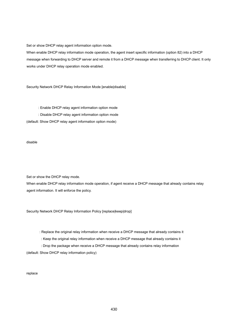 Security network dhcp relay information mode, Security network dhcp relay information policy | PLANET WGSW-20160HP User Manual | Page 430 / 555