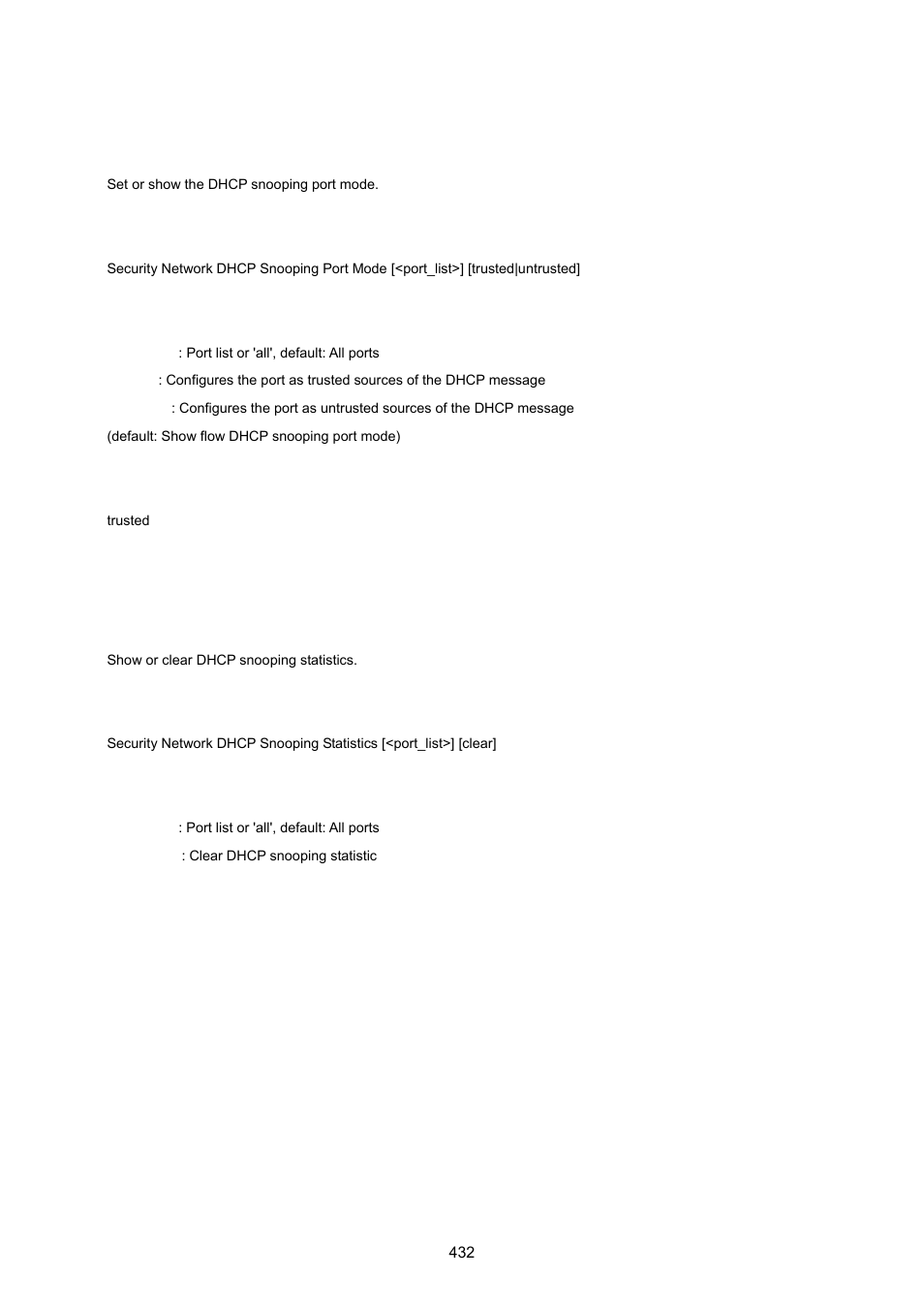 Security network dhcp snooping port mode, Security network dhcp snooping statistics | PLANET WGSW-20160HP User Manual | Page 432 / 555