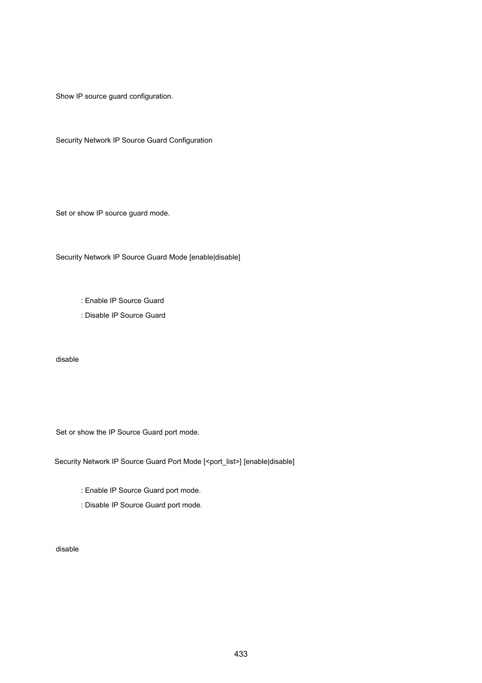 Security network ip source guard configuration, Security network ip source guard mode, Security network ip source guard port mode | PLANET WGSW-20160HP User Manual | Page 433 / 555