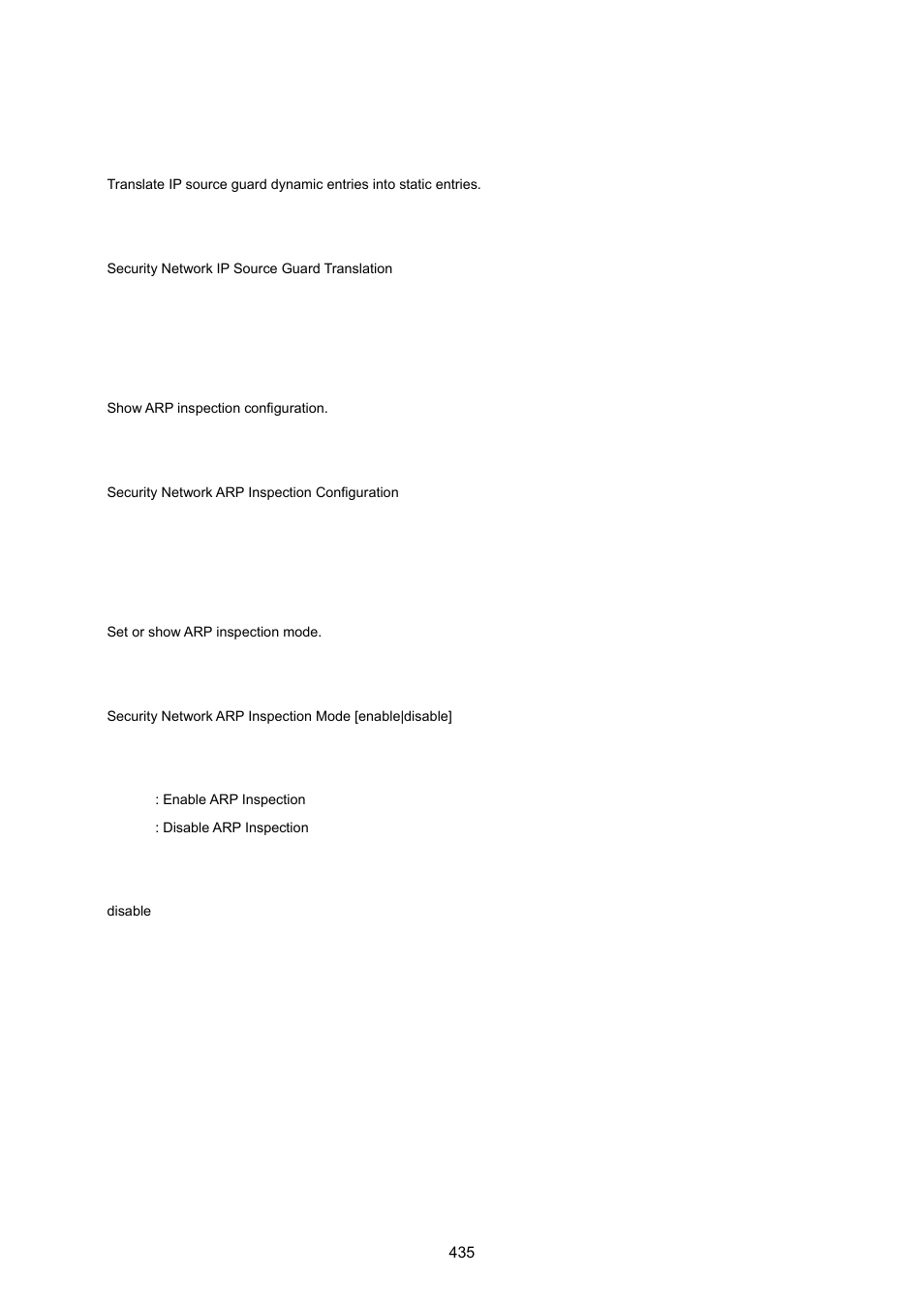 Security network ip source guard translation, Security network arp inspection configuration, Security network arp inspection mode | PLANET WGSW-20160HP User Manual | Page 435 / 555