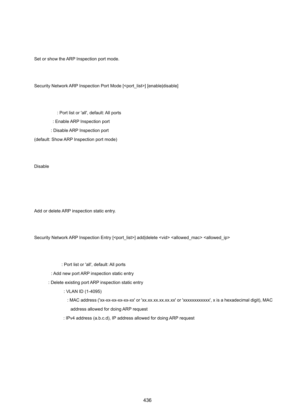 Security network arp inspection port mode, Security network arp inspection entry | PLANET WGSW-20160HP User Manual | Page 436 / 555
