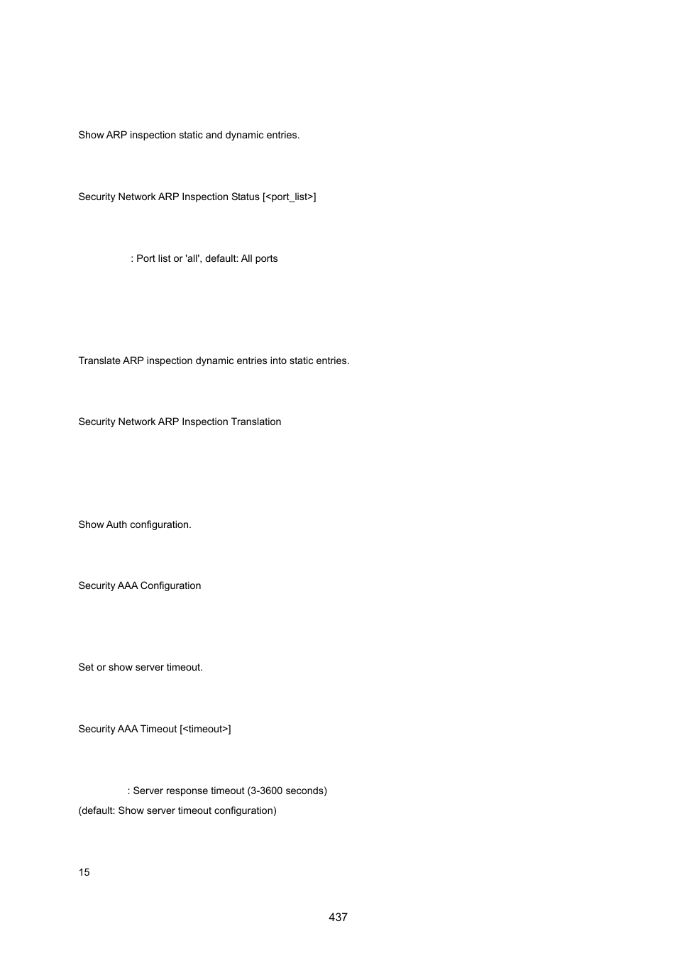 Security network arp inspection status, Security network arp inspection translation, Security aaa configuration | Security aaa timeout | PLANET WGSW-20160HP User Manual | Page 437 / 555