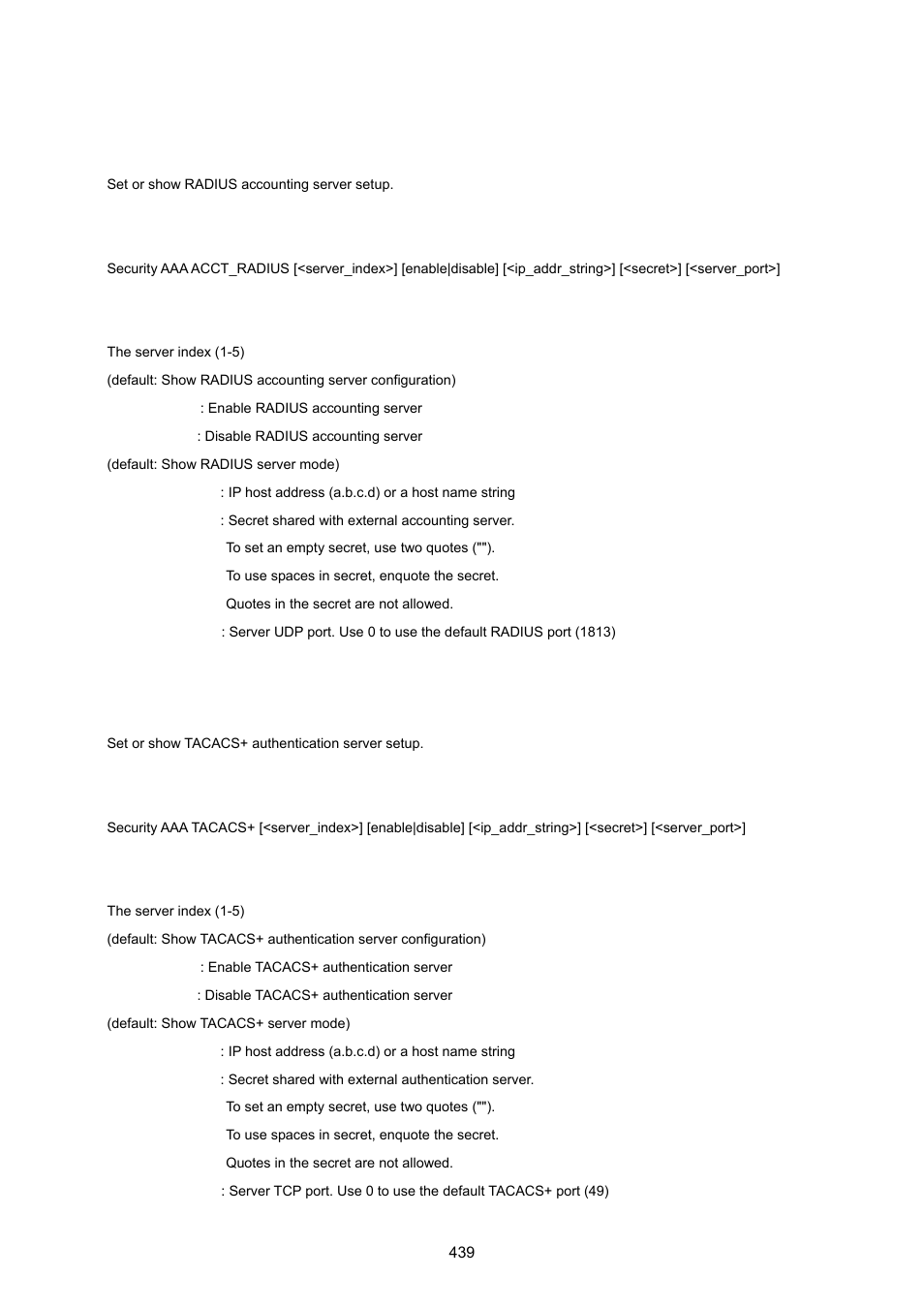 Security aaa acct_radius, Security aaa tacacs | PLANET WGSW-20160HP User Manual | Page 439 / 555