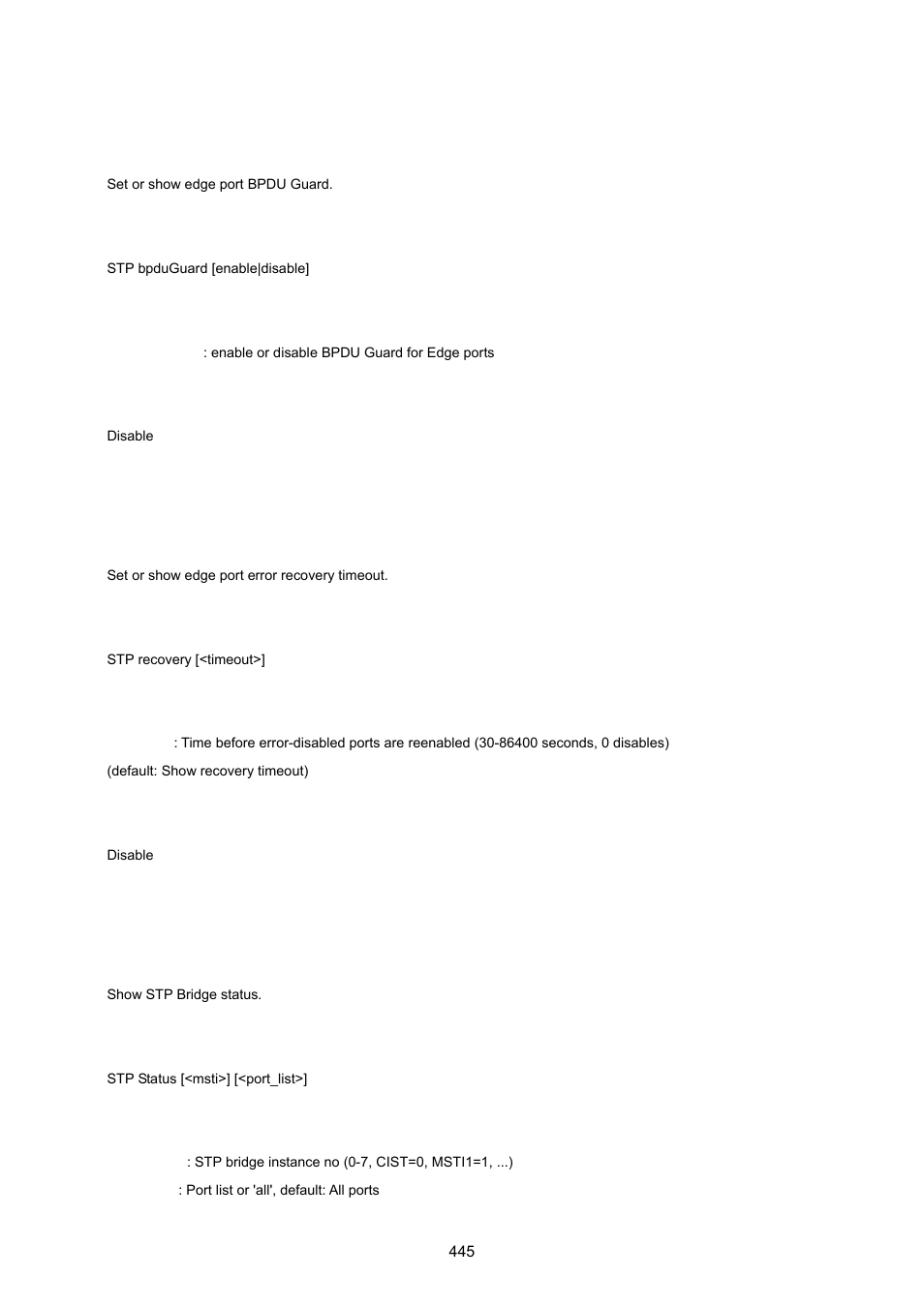 Stp bpdu guard, Stp recovery, Stp status | PLANET WGSW-20160HP User Manual | Page 445 / 555