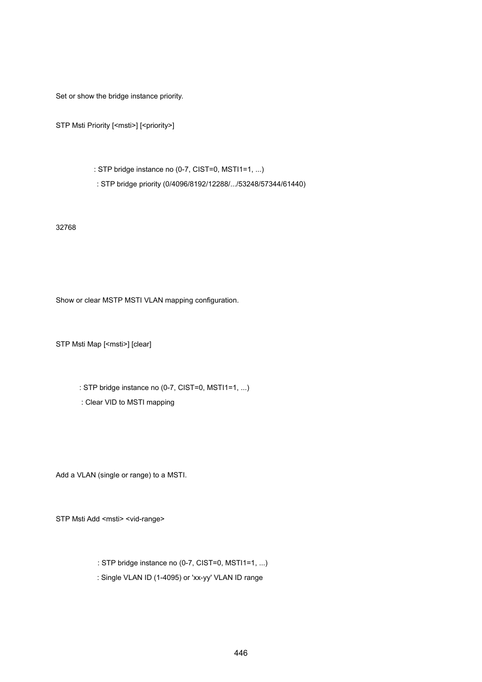Stp msti priority, Stp msti map, Stp msti add | PLANET WGSW-20160HP User Manual | Page 446 / 555