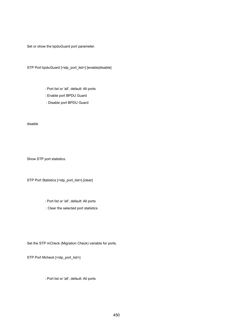 Stp port bpduguard, Stp port statistic, Stp port mcheck | PLANET WGSW-20160HP User Manual | Page 450 / 555