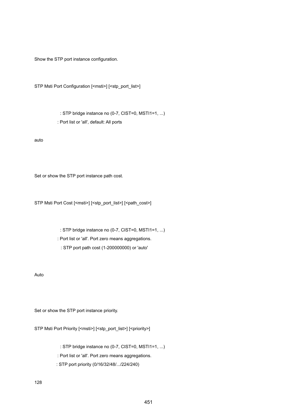 Stp msti port configuration, Stp msti port cost, Stp msti port priority | PLANET WGSW-20160HP User Manual | Page 451 / 555