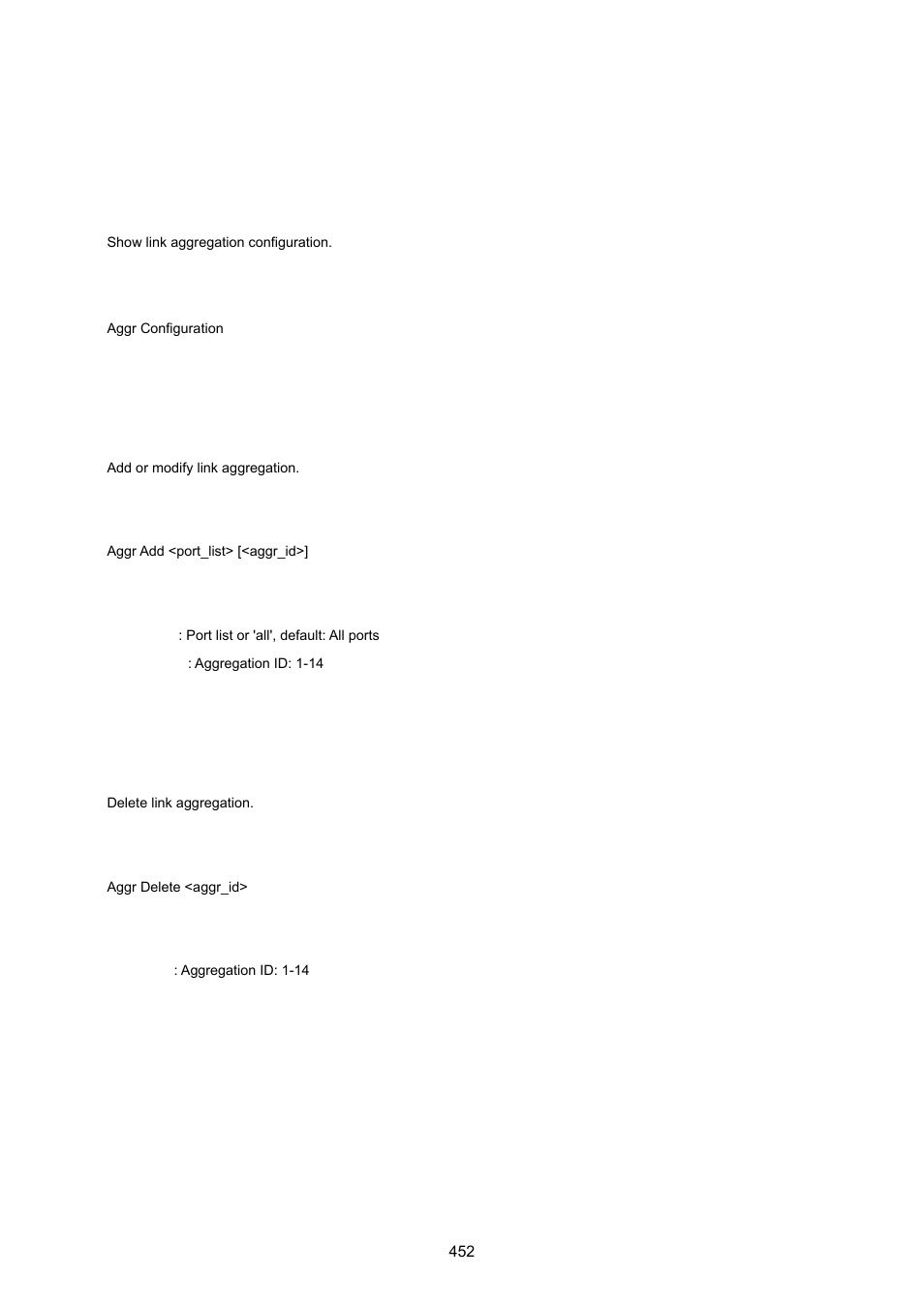 9 link aggregation command, Aggregation configuration, Aggregation add | Aggregation delete | PLANET WGSW-20160HP User Manual | Page 452 / 555