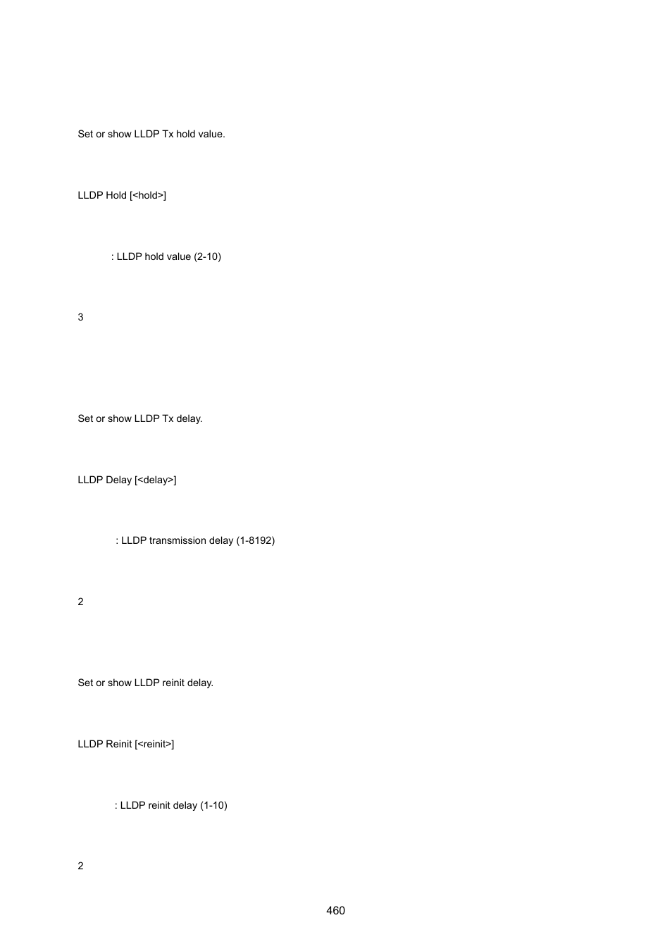 Lldp hold, Lldp delay, Lldp reinit | PLANET WGSW-20160HP User Manual | Page 460 / 555