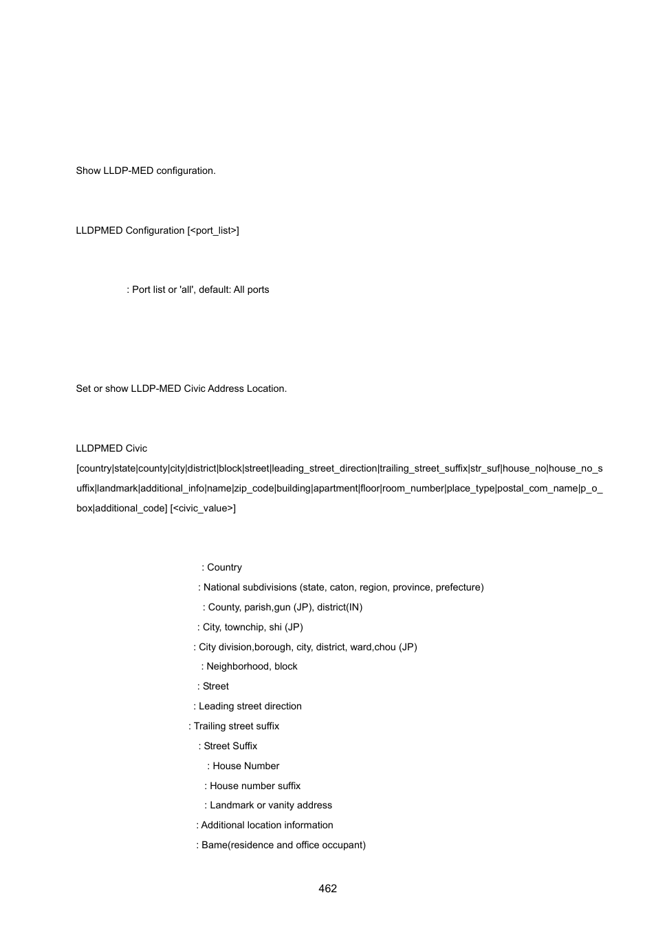 12 lldpmed command, Lldpmed configuration, Lldpmed civic | PLANET WGSW-20160HP User Manual | Page 462 / 555