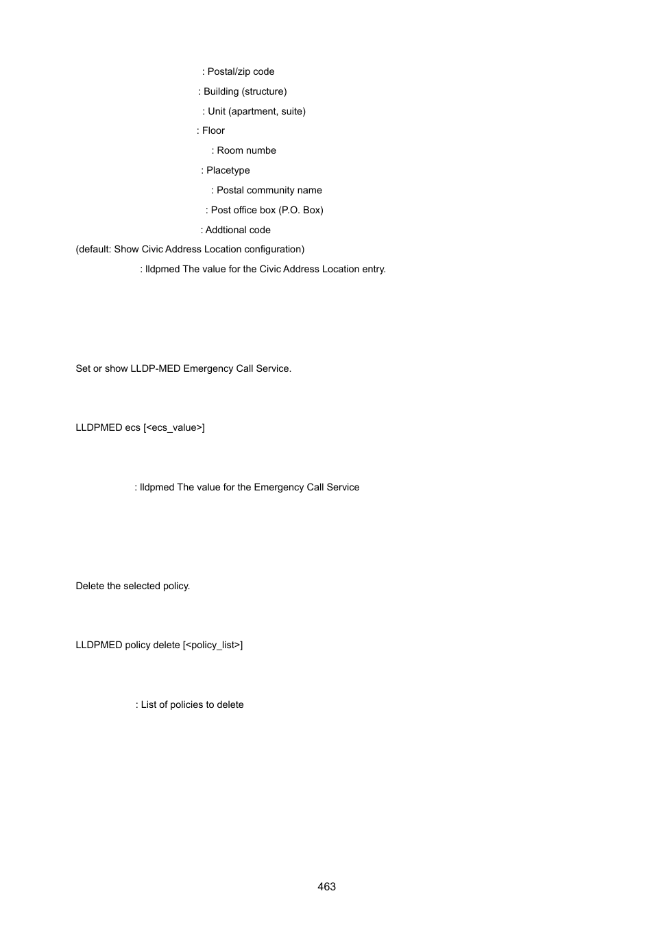 Lldpmed ecs, Lldpmed policy delete | PLANET WGSW-20160HP User Manual | Page 463 / 555
