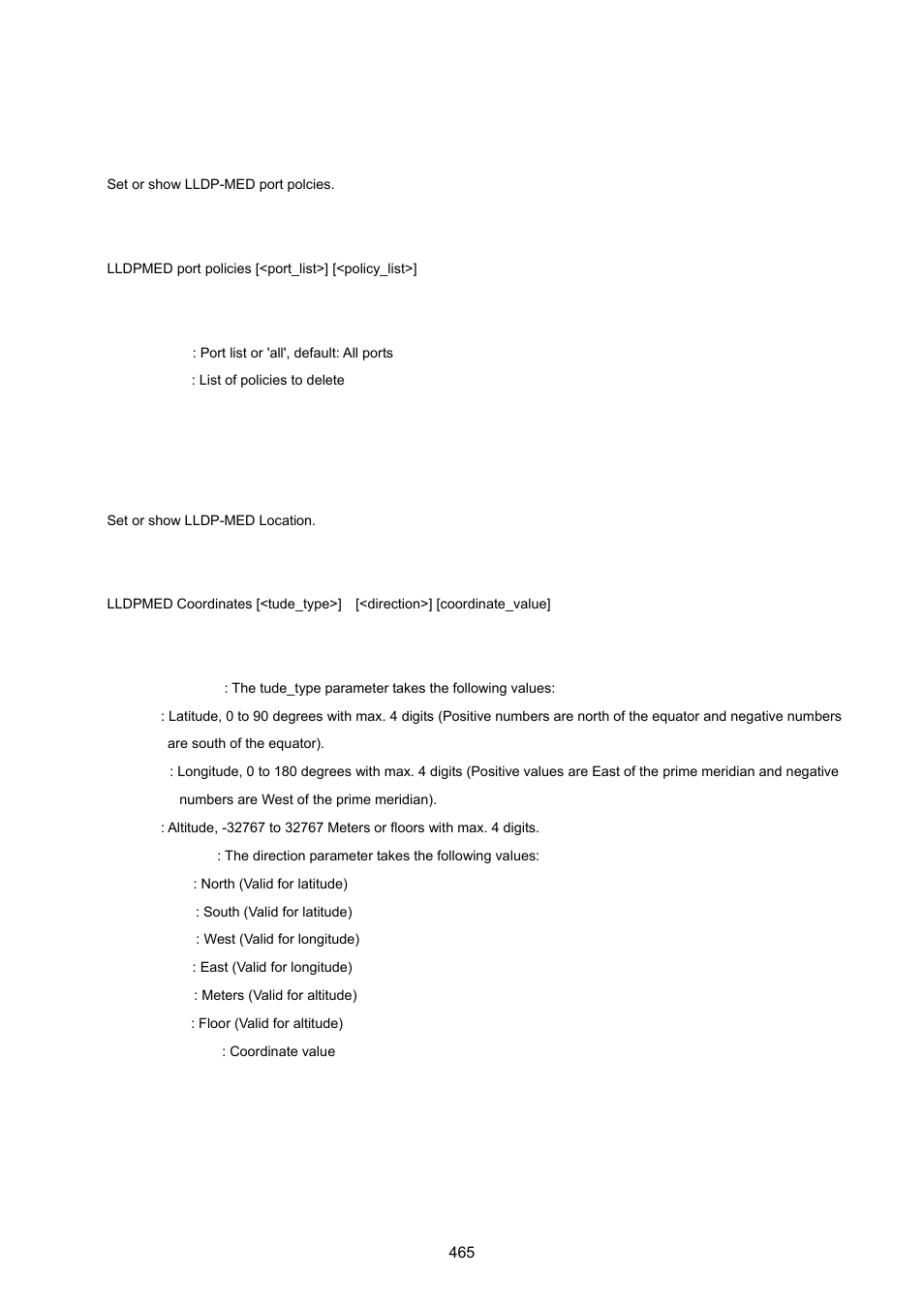 Lldpmed port policies, Lldpmed coordinates | PLANET WGSW-20160HP User Manual | Page 465 / 555