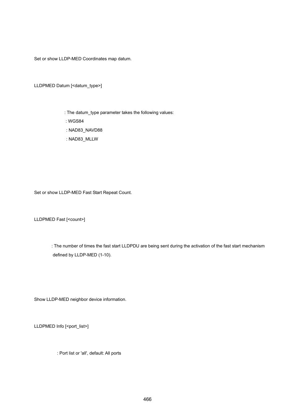 Lldpmed datum, Lldpmed fast, Lldpmed info | PLANET WGSW-20160HP User Manual | Page 466 / 555