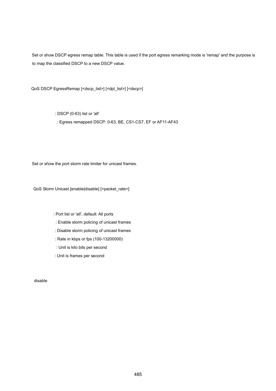 Qos dscp egressremap, Qos port storm unicast | PLANET WGSW-20160HP User Manual | Page 485 / 555