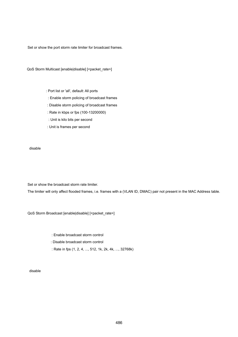 Qos port storm multicast, Qos port storm broadcast | PLANET WGSW-20160HP User Manual | Page 486 / 555