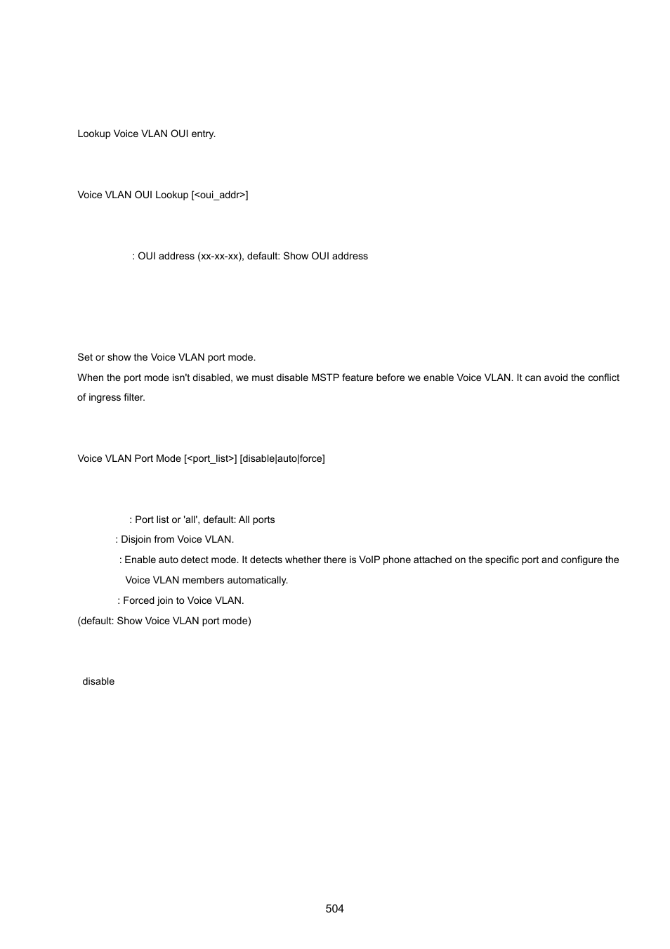 Voice vlan oui lookup, Voice vlan port mode | PLANET WGSW-20160HP User Manual | Page 504 / 555