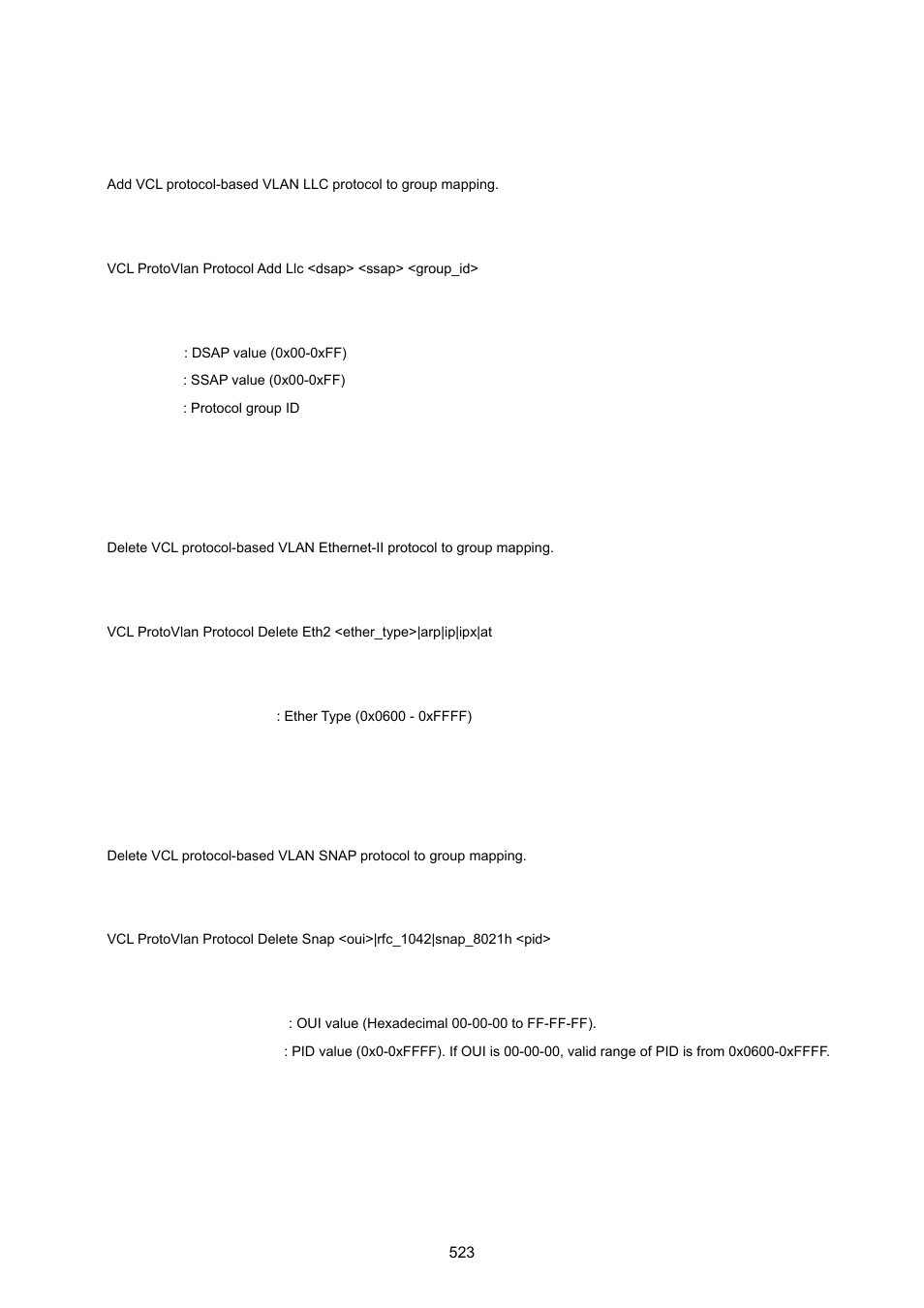 Vcl protocol-based vlan add llc, Vcl protocol-based vlan delete ethernet ii, Vcl protocol-based vlan delete snap | PLANET WGSW-20160HP User Manual | Page 523 / 555