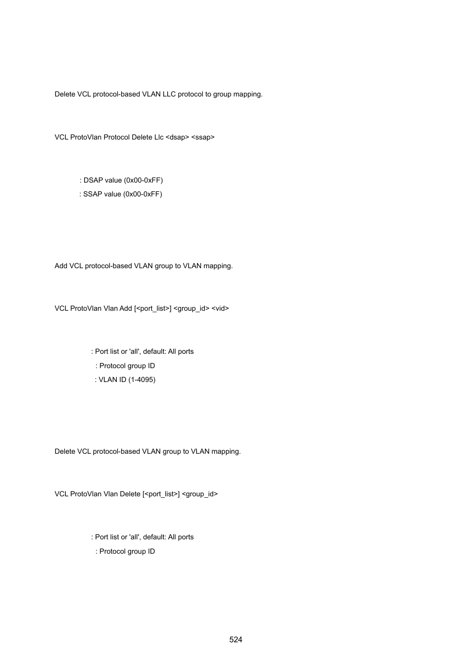 Vcl protocol-based vlan delete llc, Vcl protocol-based vlan add, Vcl protocol-based vlan delete | PLANET WGSW-20160HP User Manual | Page 524 / 555