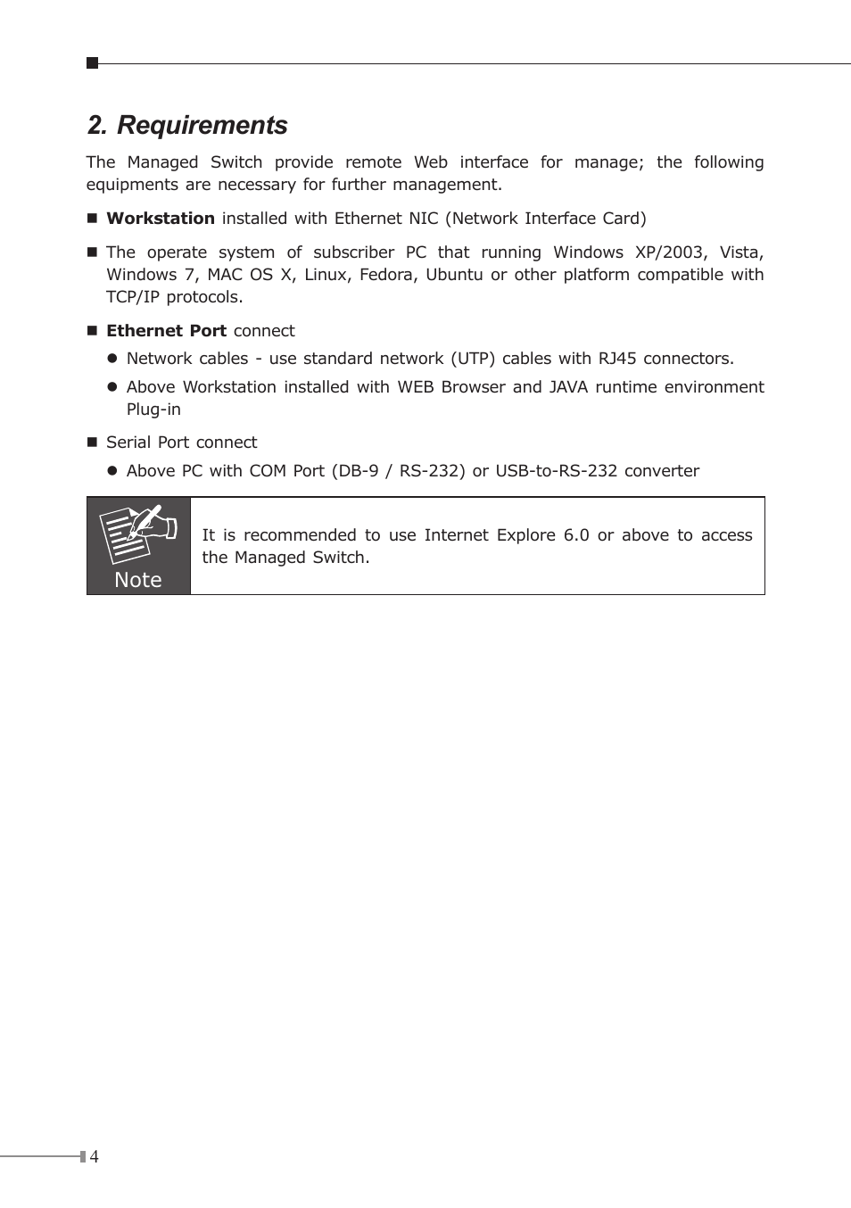 Requirements | PLANET WGSW-2620HP User Manual | Page 4 / 12