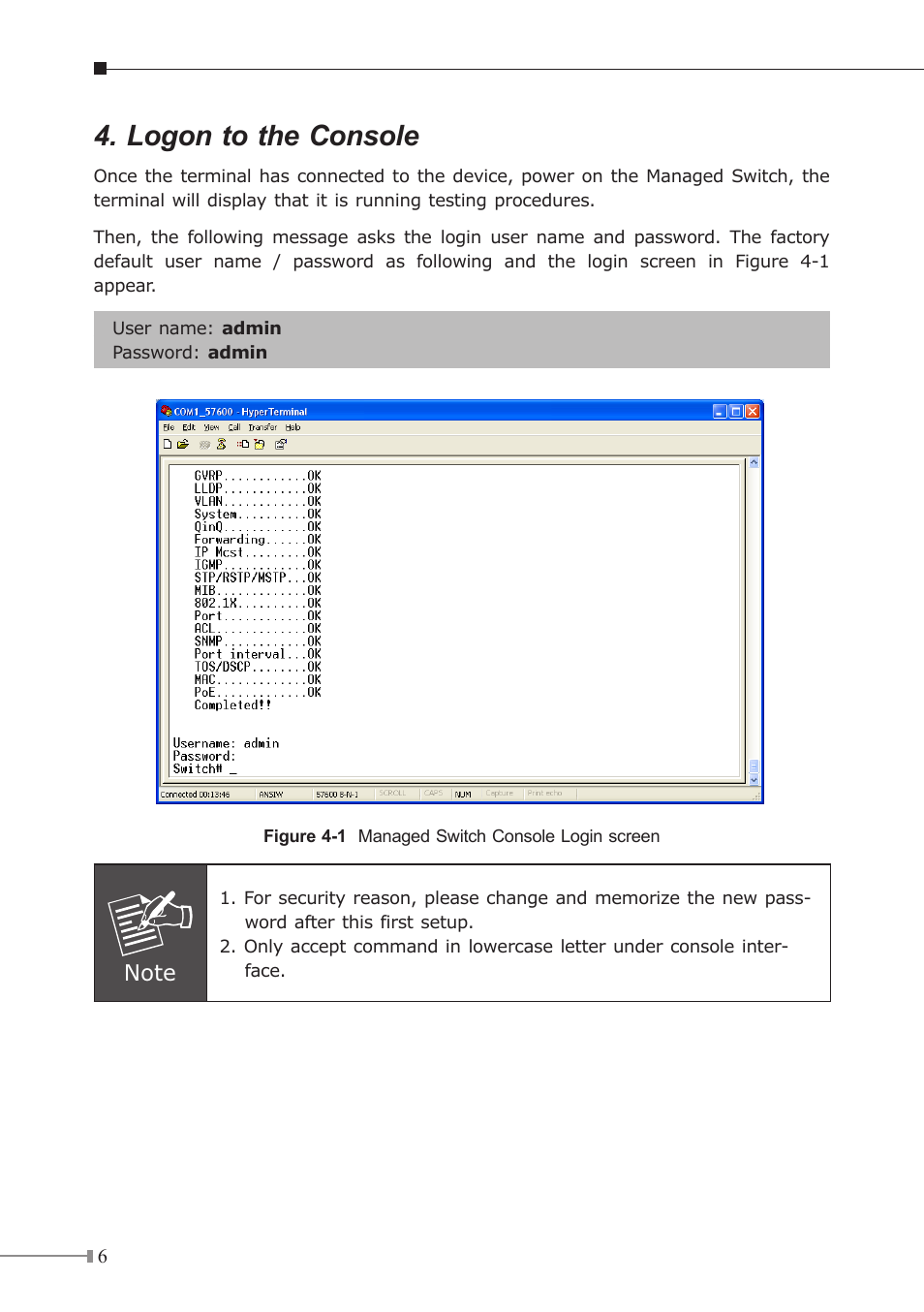 Logon to the console | PLANET WGSW-2620HP User Manual | Page 6 / 12